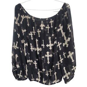 Emma Rose Off-Shoulder Blouse Sheer Black Abstract Cross Pattern Womens L/XL